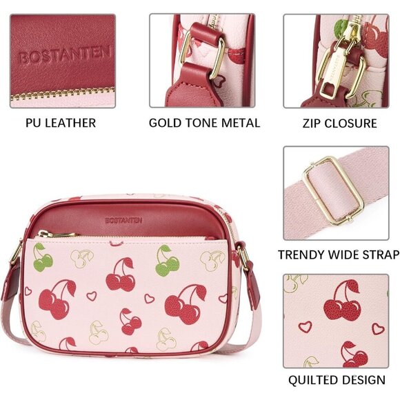 Women Cherry Imported Vegan Leather Quilted Small Shoulder Crossbody Handbags - Picture 4 of 6